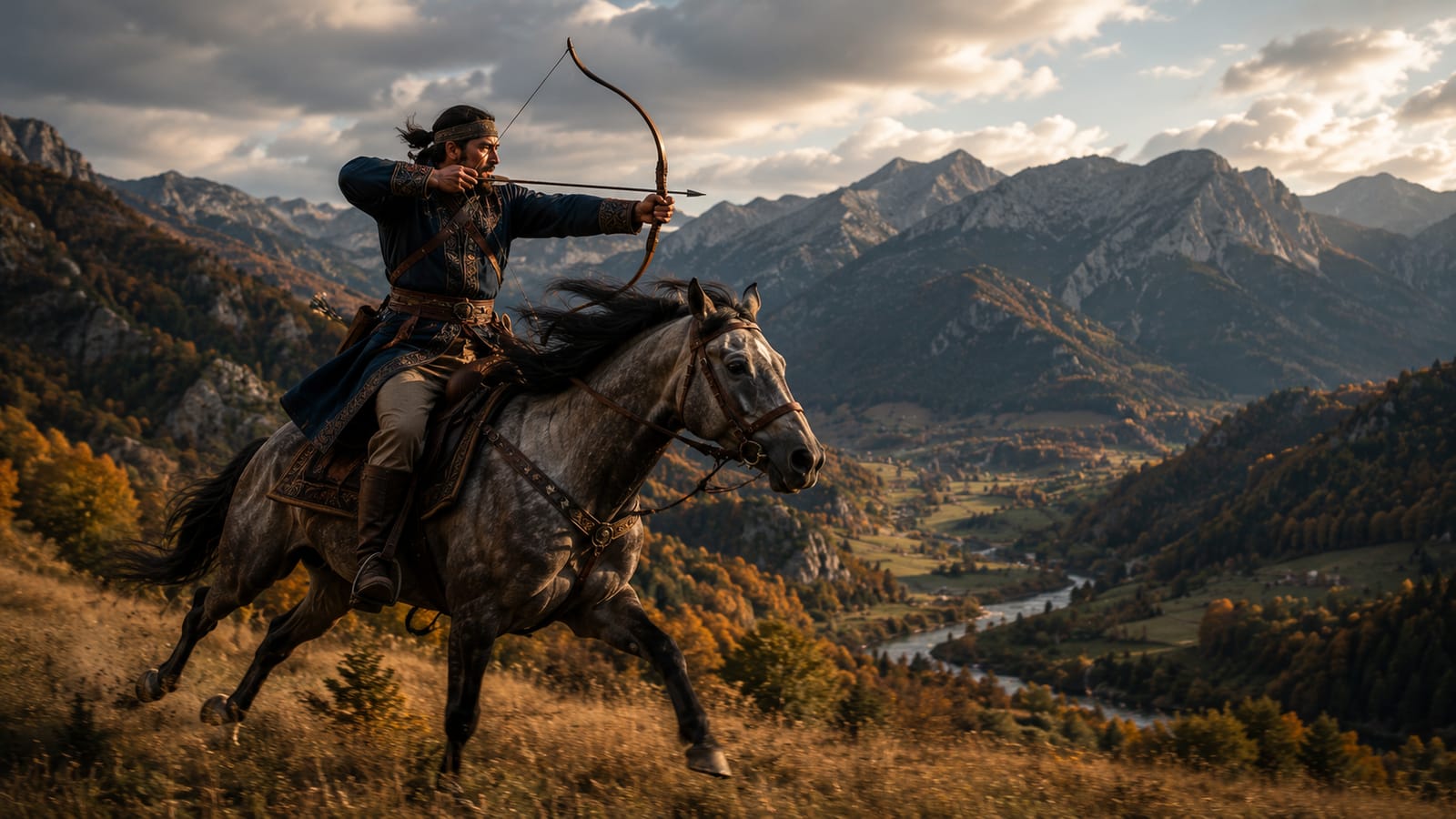 A rider on a grey horse drawing a bow across a mountain valley